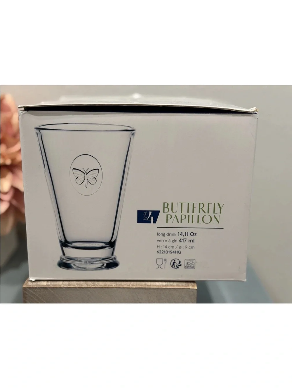 La Rochere France Butterfly Papillon Long Drink Glasses 4pc 14.11 oz Clear, NIB